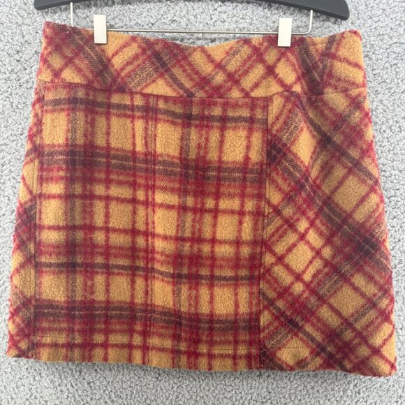 Free People Camel Combo Tan Red Plaid Wool Blend Mini Skirt Lined Size 12 - Picture 1 of 5